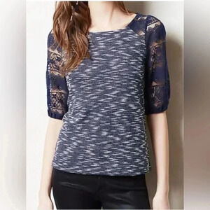 Woman ANTHROPOLOGIE POSTMARK Blue White Tweed Lace Parrel Shirt Sz Small EUC